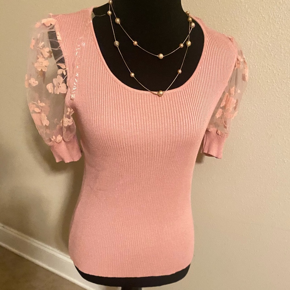 WOMEN absolutely famous ROSE  SHORT  SLEEVE  FLORAL SWEATER LARGE